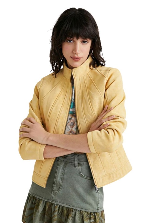 Geaca de dama Desigual, piele de caprioara, galben, poliester, XS INTL