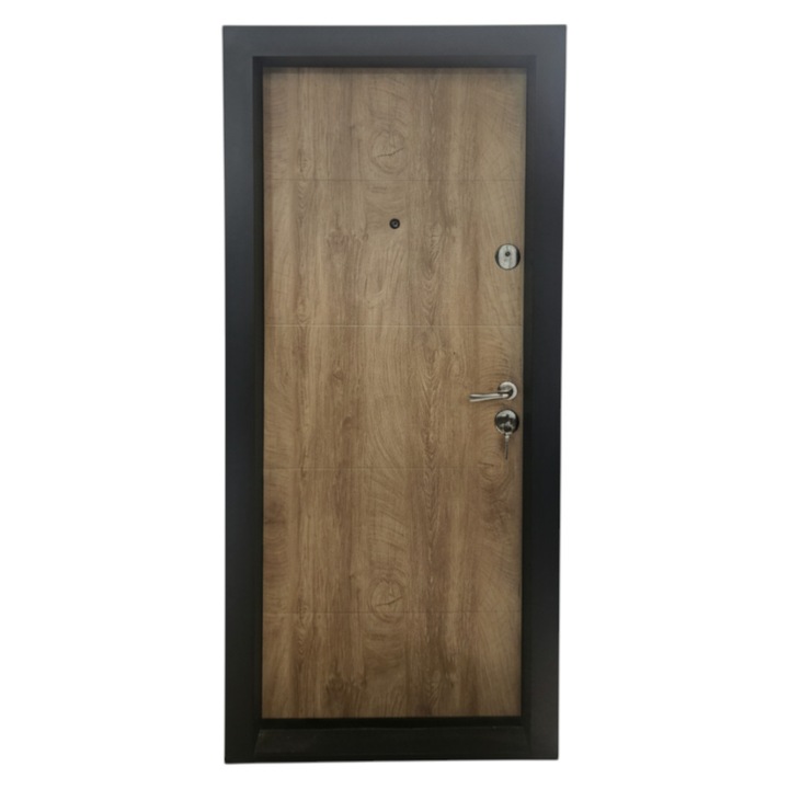 Usa metalica de apartament cu izolatie si vizor Novo Doors First Class NDS28, Deschidere Stanga, Dimensiune 200X88 cm, Tabla 12 mm, Exterior din MDF, Kit complet, Stejar deschis