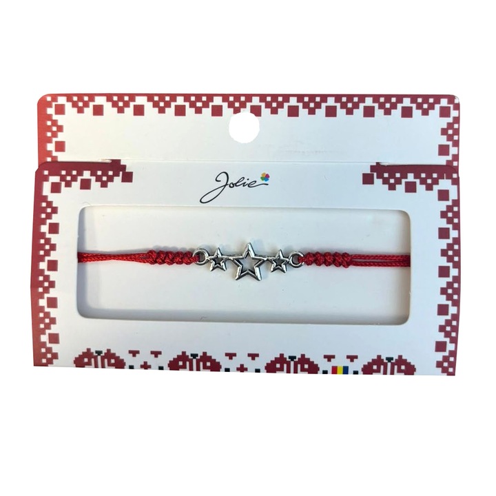 Martisor tip Bratara cu Pandantiv Metalic, Jolie, cu Snur Textil Rosu Impletit, Model Stelute, Dimensiune Reglabila