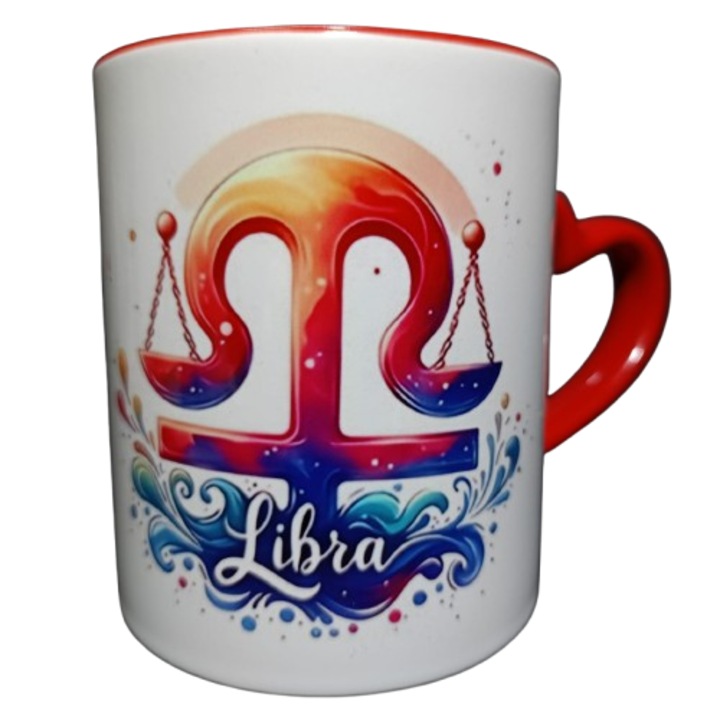 Cana Zodia Balanta, model dublu, ceramica, maner inima rosie, cadou pentru cei dragi, 350 ml