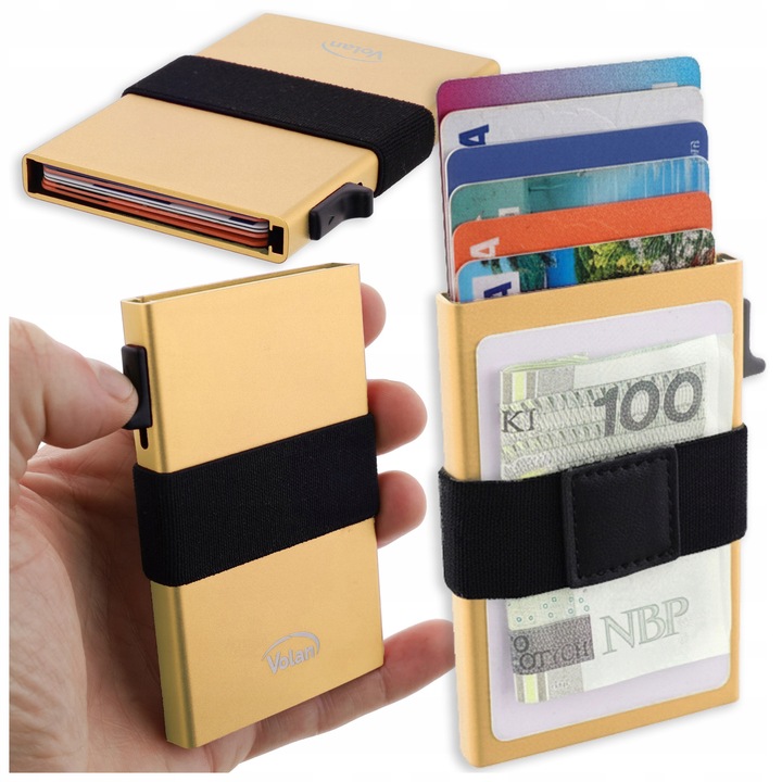 Portofel subtire din Aluminiu pentru Carduri Card Bancar CardHolder, VOLAN®, Protectie RFID/NFC Contactless Credit Card, Pe 6 carduri, Suport de card pop-up, 9.8 x 6.2 cm, Auriu