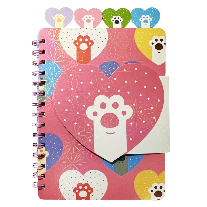Caiet cu spirala, 16x21 cm, 4 separatoare, 60 file dictando, clapeta cu arici, coperta inimi roz, labute, efect lucios stelute