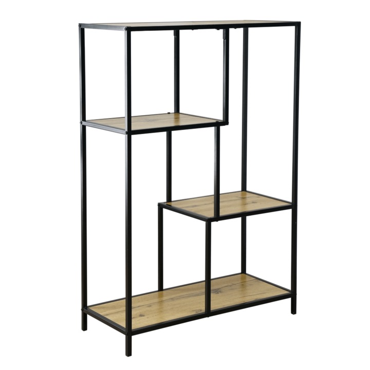 Etajera/raft, negru/stejar, din MDF si metal, design modern, multifunctional, 77x33x114, 5 cm