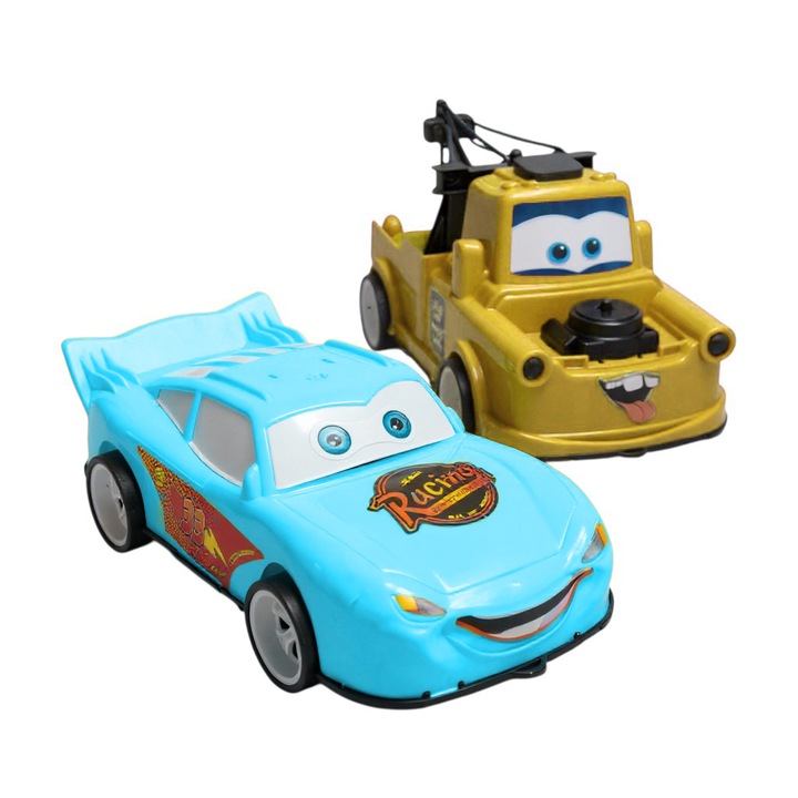 Set 2 masinute jucarie MASTPAD pentru copii, tip cars cu personaje animate, jucarii auto colorate, 3+ ani, bleu/galben