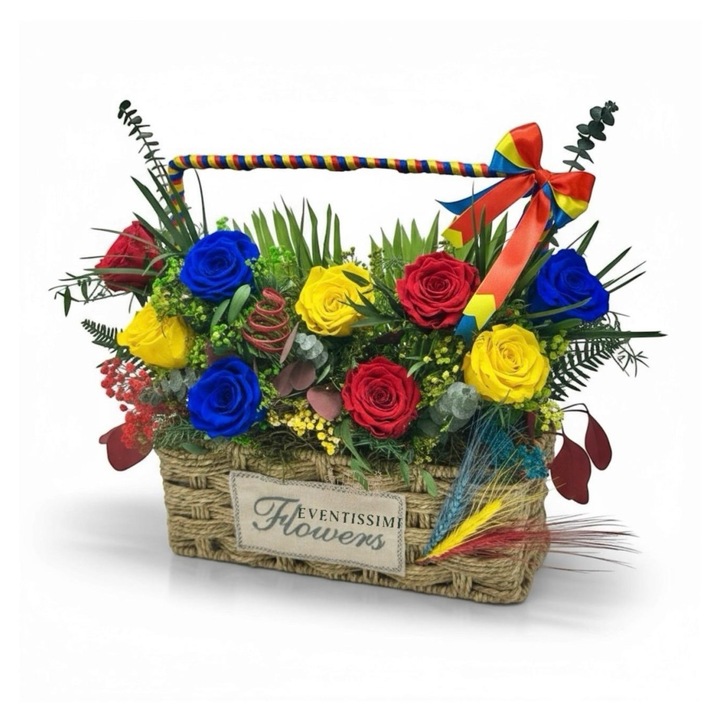 Aranjament floral tricolor cu trandafiri criogenati si plante stabilizate – decor patriotic 1 Decembrie - Eventissimi