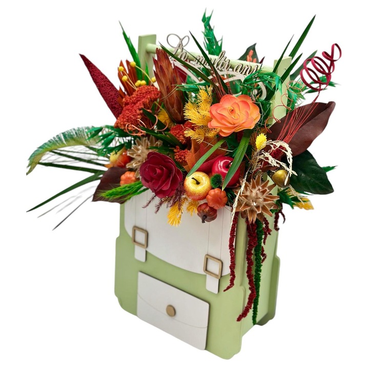 Aranjament floral in cuitie din lemn, tip gentuta cu flori naturale uscate