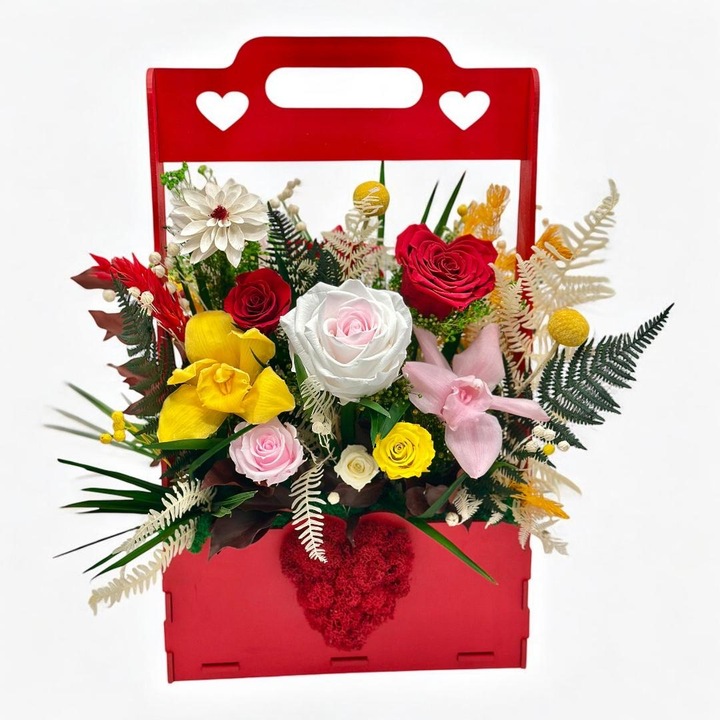 Aranjament floral premium cu flori criogenate si licheni stabilizati, Eventissimi, Cutie lemn rosie, 45 x 35 cm