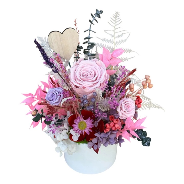 Aranjament floral in ghiveci ceramic, Eventissimi, AF-055, 20 cm, trandafiri criogenati si plante naturale stabilizate