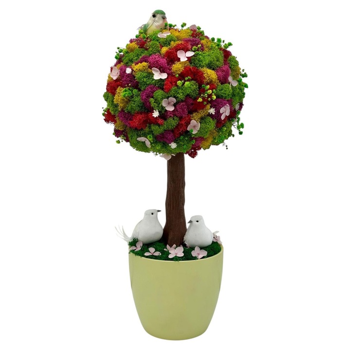 Aranjament floral tip copacel cu licheni naturali stabilizati si flori criogenate si uscate, Eventissimi, Medium Ceramic Tree 38, 38 cm, aranjament multicolor