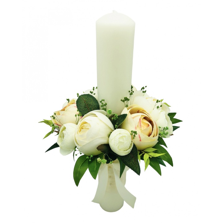 Lumanare decorativa pentru cununie sau botez, Eventissimi, Silk & Real Touch Floral 40, 40 cm, parafina, flori din matase, floarea miresei criogenata si frunze real touch