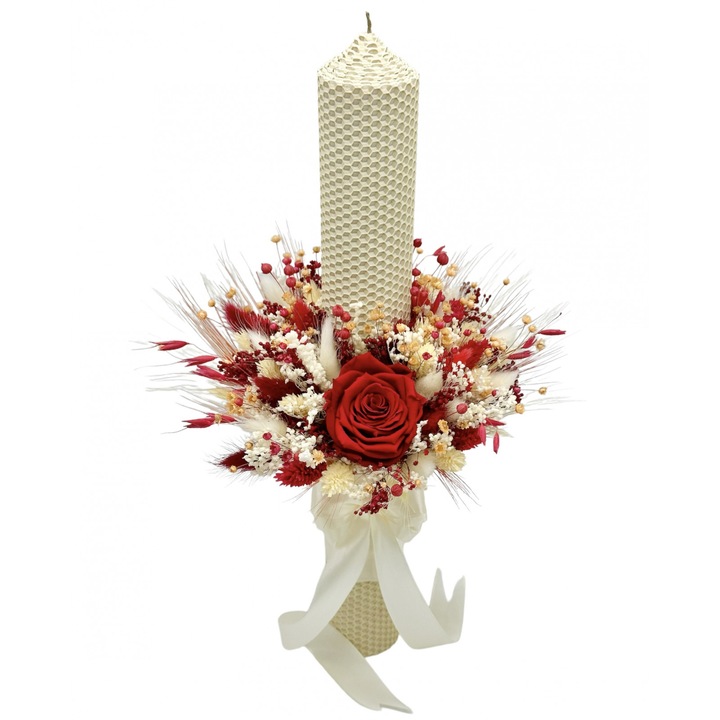 Lumanare traditionala tip fagure pentru cununie sau botez, Eventissimi, Crio & Dried Floral 42, 42 cm, ceara naturala, trandafir, floarea miresei si mix plante naturale uscate