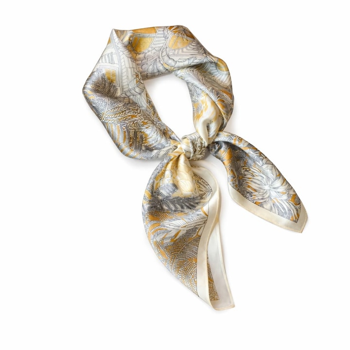 Esarfa dama Lunaris matase naturala 100% 65x65cm model tropical alb-gri-auriu in cutie cadou