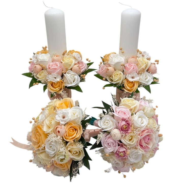 Set 2 lumanari si 2 buchete medii pentru nunta, Eventissimi, Soap Rose Duo Floral Set 40, 40 cm, parafina, trandafiri din foita de sapun si plante naturale uscate, multicolor