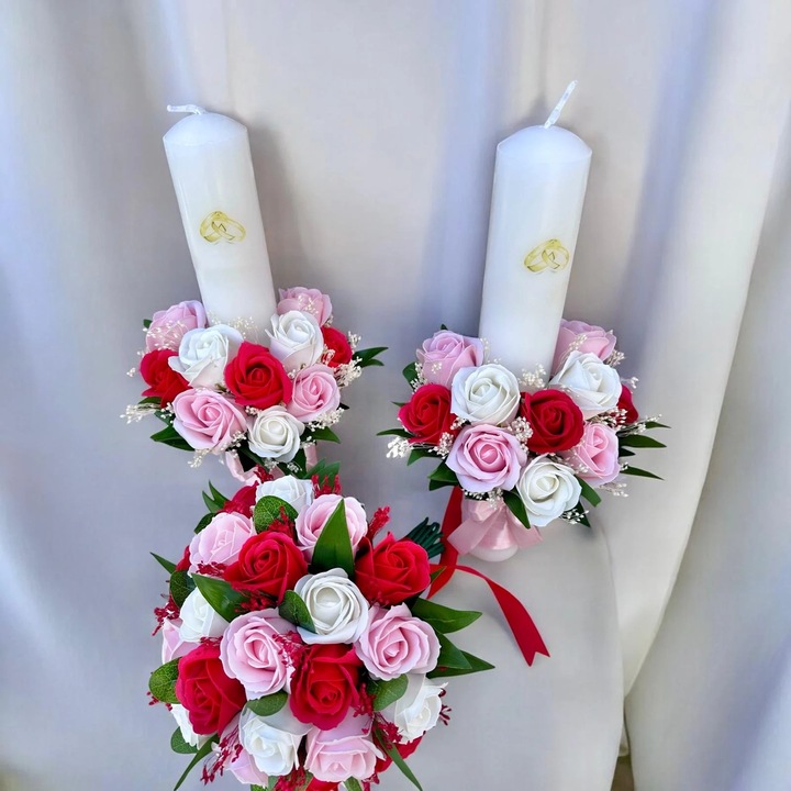 Set 2 lumanari si buchet mare pentru nunta, Eventissimi, Soap Rose Grand Floral Set 40, 40 cm, parafina, 31 trandafiri din foita de sapun, plante naturale uscate, alb rosu