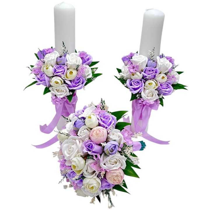 Set nunta 2 lumanari decorative cu buchet, Eventissimi, Wedding Rose Bouquet Set, 40 cm, parafina, aranjament frontal, buchet 19 trandafiri, multicolor