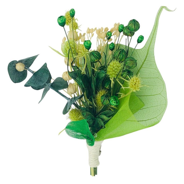 Cocarda floare de piept, Eventissimi, Dried Eucalyptus Floral, 10x5x3 cm, flori naturale uscate si eucalipt criogenat, prindere brosa metalica
