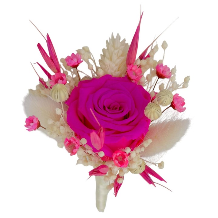 Cocarda floare de piept, Eventissimi, Mini Rose Crio Pink White, 10x8x5 cm, mini roza criogenata roz alb, plante naturale uscate, prindere tip T