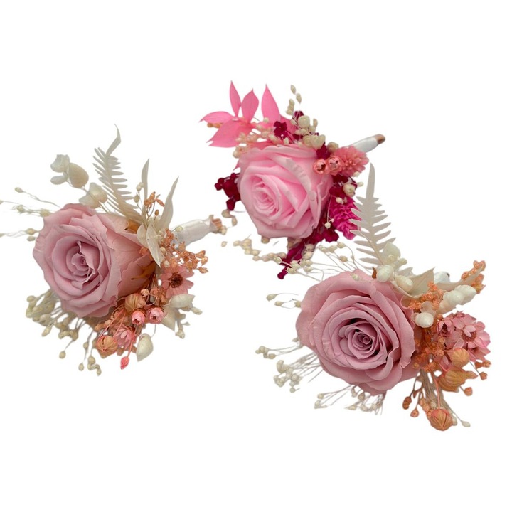 Set 3 cocarde mini floare de piept, Eventissimi, Mini Rose Crio Set, 8x5x4 cm, mini roze criogenate, plante naturale uscate, prindere tip T
