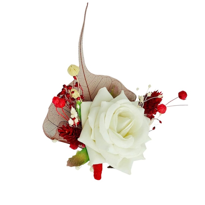Cocarda floare de piept, Eventissimi, Silk Rose Dried Floral, 10x10x5 cm, trandafir din matase, flori naturale uscate, prindere brosa metalica