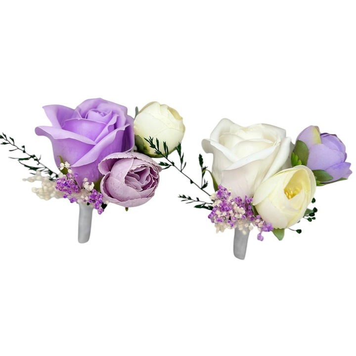 Set 2 cocarde floare de piept, Eventissimi, Soap Rose Dried Floral, 8x6x5 cm, trandafir din sapun, flori naturale uscate, prindere brosa metalica