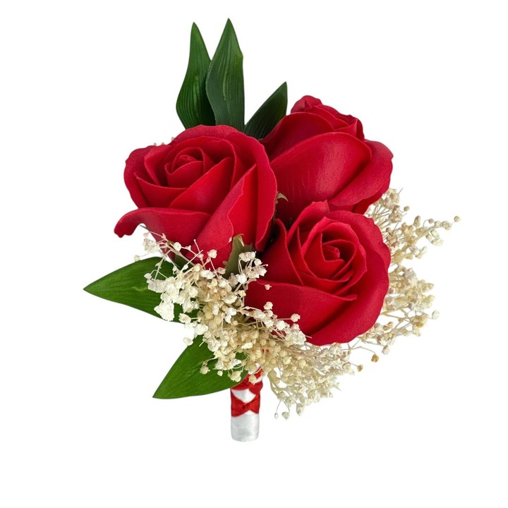 Cocarda cu 3 flori de piept, Eventissimi, Soap Rose Elegant Red White, 15x12x8 cm, trandafiri din sapun, flori naturale uscate, rosu, prindere tip T