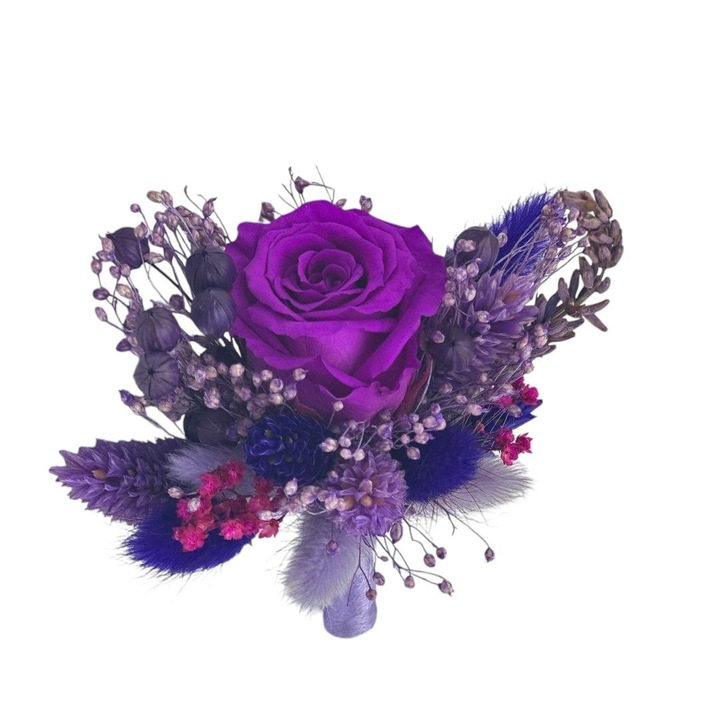 Cocarda floare de piept, Eventissimi, Mini Rose Crio Purple, 8x6x3 cm, mini roza criogenata, plante naturale uscate, mov, prindere tip T