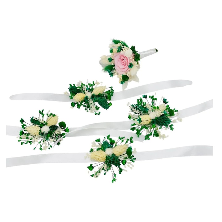 Set 4 corsaje bratara si 1 cocarda, Eventissimi, Crio Natural Wedding Set, corsaj 4x5 cm, cocarda 8x5x4 cm, flori criogenate si naturale uscate, panglica saten, prindere tip T