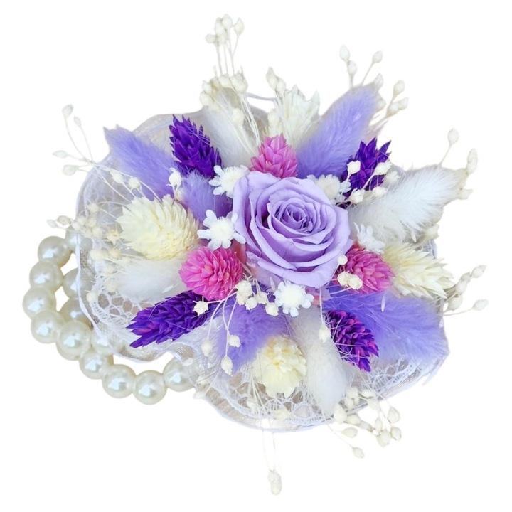 Corsaj bratara flori criogenate, Eventissimi, Crio Bracelet Lilac, diametru 5 cm, miniroza criogenata lila, plante naturale uscate, elastic cu perlute