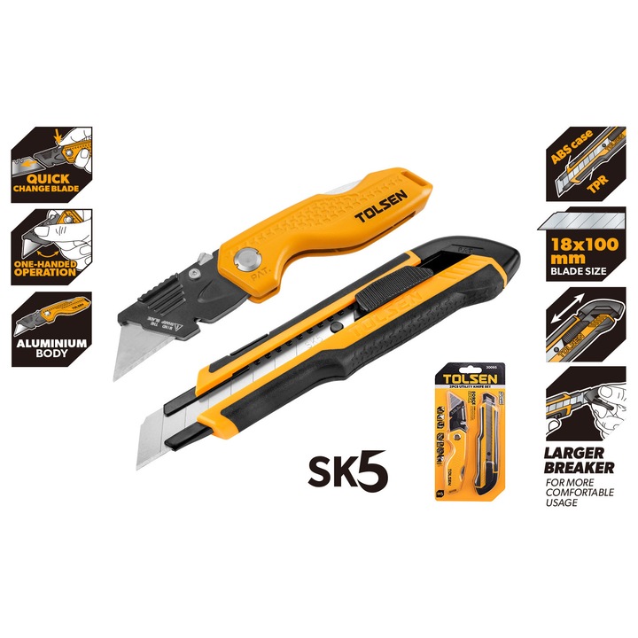 Set 2 cutite universale TOLSEN, lame SK5, 18x100 mm si 61x19 mm, maner ergonomic anti-alunecare, corp aluminiu, sistem autoblocare, forta blocare >350 N, pentru uz profesional si bricolaj