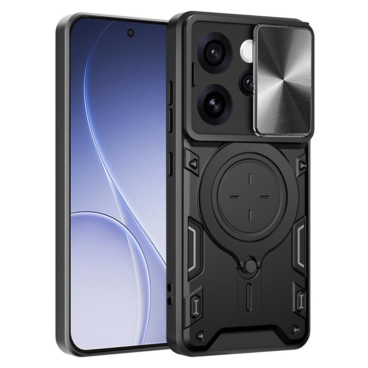 Husa LensCover KickStand pentru Oppo Reno15 Pro, Inel Magnetic, Strong Shock Absortion, Design Fusion Protect, Drop Protection, Negru