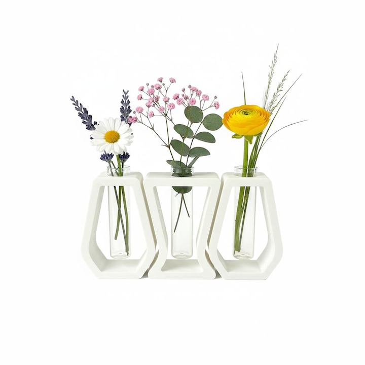 Set vaze Geo-Bloom / Vaza decorativa cu eprubeta din sticla, Design detasabil, Usor de curatat, Potrivit pentru camera de zi, dormitor, decorarea biroului, Sticla/plastic 14cm