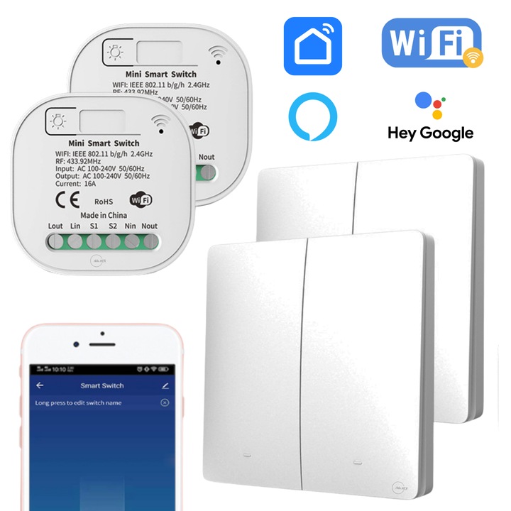 Set 2 Intrerupatoare Cinetice Duble Fara Fir cu Revenire + 2 Controllere RF433+WiFi, Cap-Scara, Fara Baterii, Autoalimentare Cinetica, Control din Aplicatie, Compatibil Alexa si Google Home, Montaj Ascuns, Automatizare Iluminat, Aida HER®
