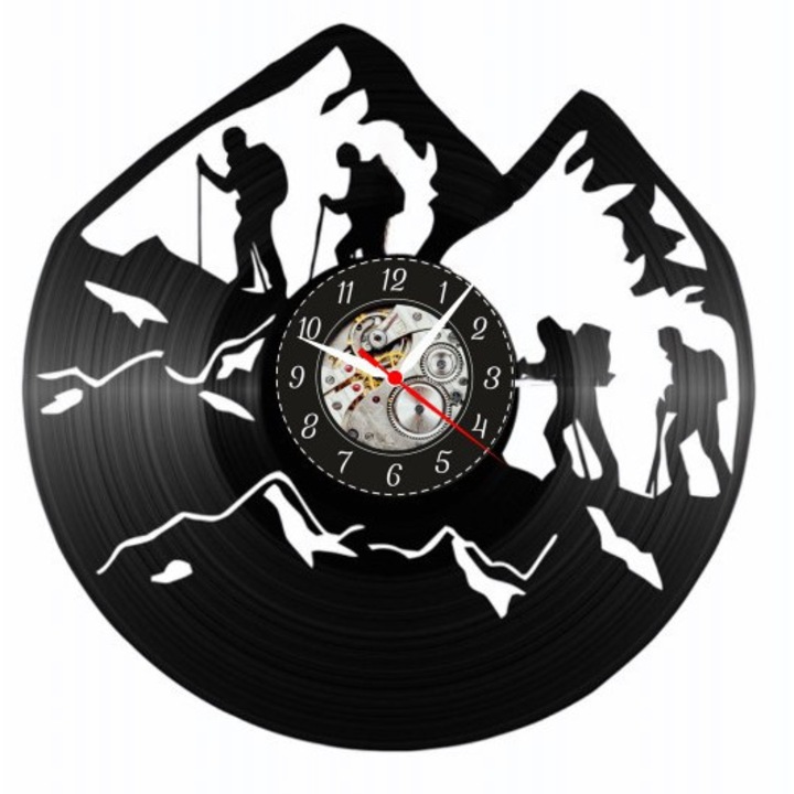 Dekoratív falióra "Hegyi Túrázók - Csúcs Kaland", bakelitlemezből készült, Outdoor & Nature design, Fekete