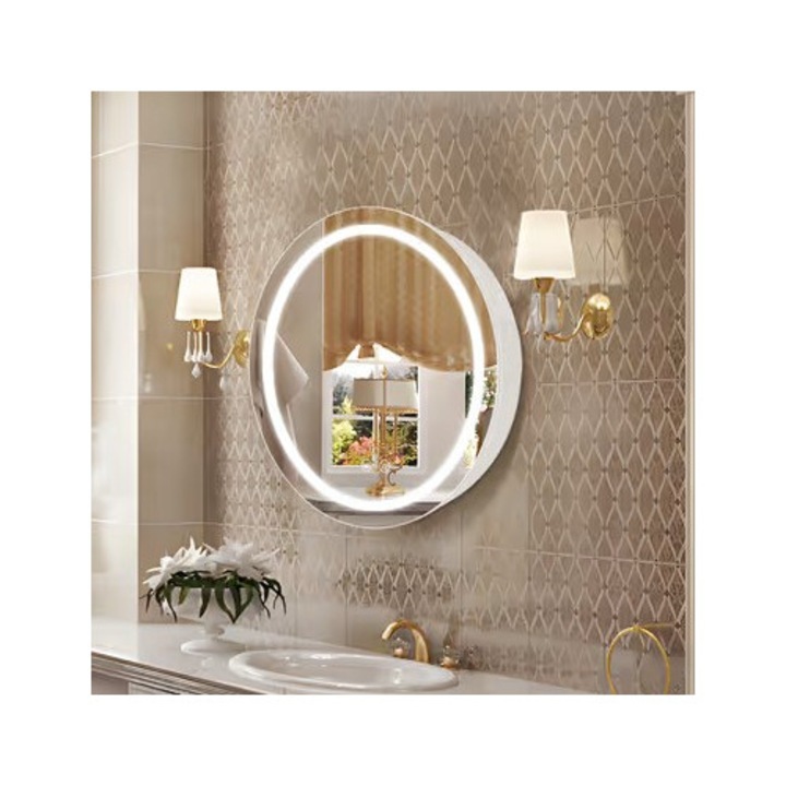 Dulap oglinda rotund de 66 cm cu lumini, cu dezaburitor, reglabil intensitatea luminii, anti-aburire, 3 culori, alb