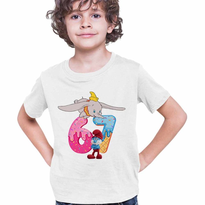 Tricou Copii Baieti Dumbo Six Seven Papa Strumf 67 Sase Sapte, Alb