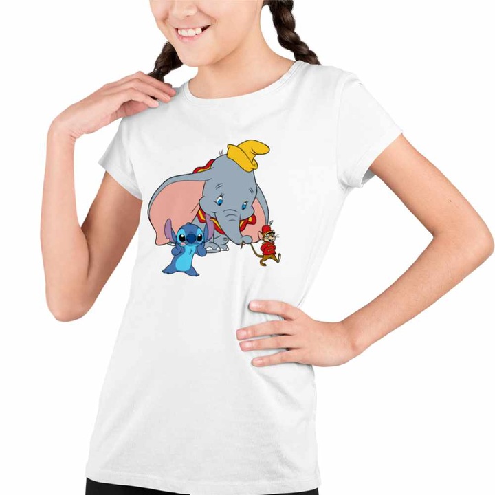 Tricou Copii Fete Dumbo Stitch Timothy Soricel Elefant Circ, Fehér