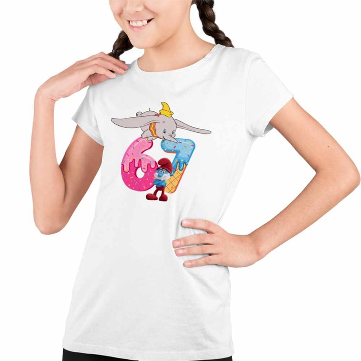 Tricou Copii Fete Dumbo Six Seven Papa Strumf 67 Sase Sapte, Fehér