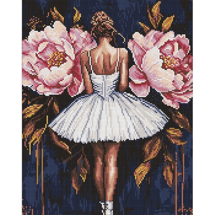 Gyémántfestő készlet kerettel, Balerina rózsaszín bazsarózsákkal, 40x50 cm