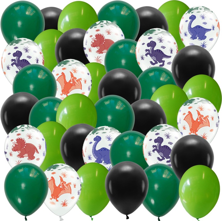 Комплект балони ДИНОЗАВЪР, PartyPro, 40 броя, бял, зелен, черен, с принт, 12-14 инча