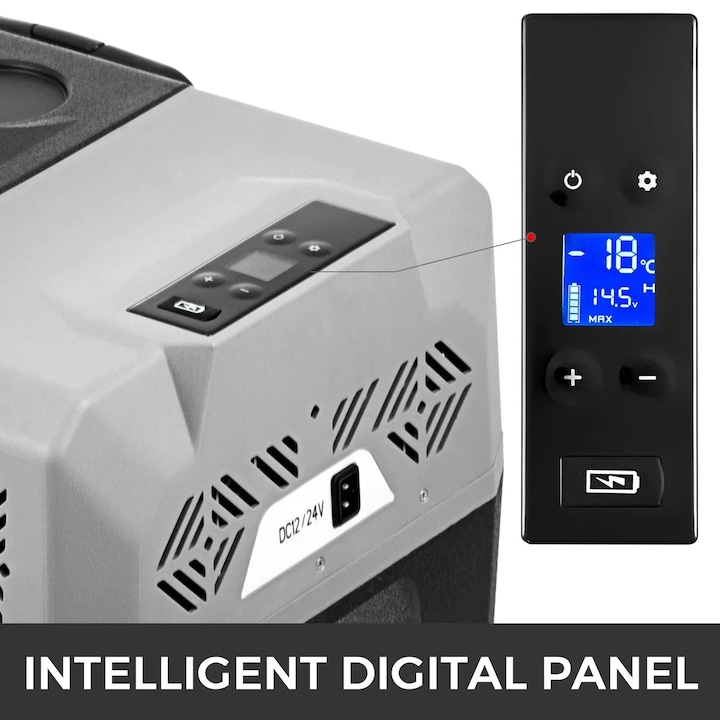 Frigider auto 20L, frigider portabil 12V, interval reglabil -4~50, racitor cu compresor 12/24V DC si 100-240V AC pentru exterior