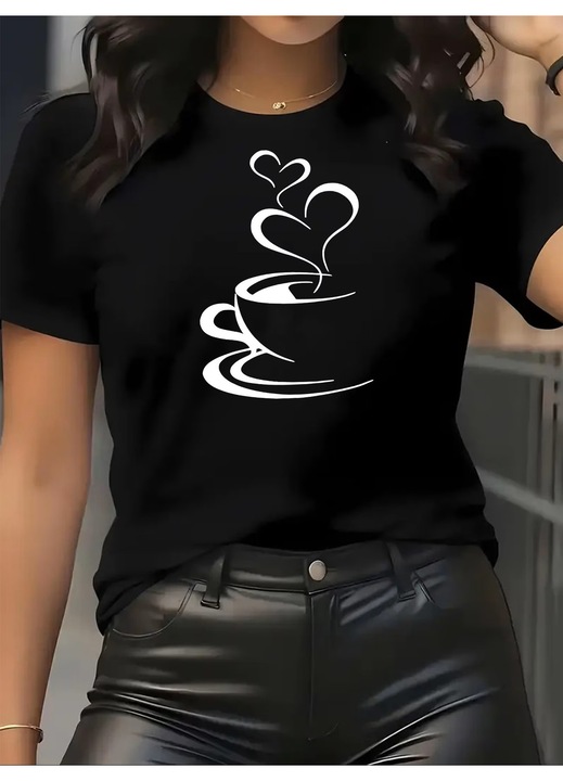 Tricou dama Coffee whit Hearts, ceasca de cafea cu inimioare, Negru