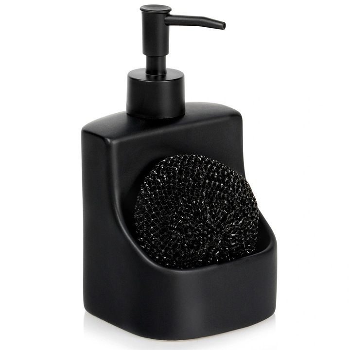 Mosogatószer adagoló, Artemis, szett szivaccsal, kerámia, 400 ml, fekete, 9,5x9,5x17,5 cm