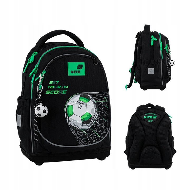 Ghiozdan scolar pentru baieti, 6–8 ani, spate ortopedic Ergo Kids, baza rigida cu picioruse si elemente reflectorizante, design fotbal, Kite
