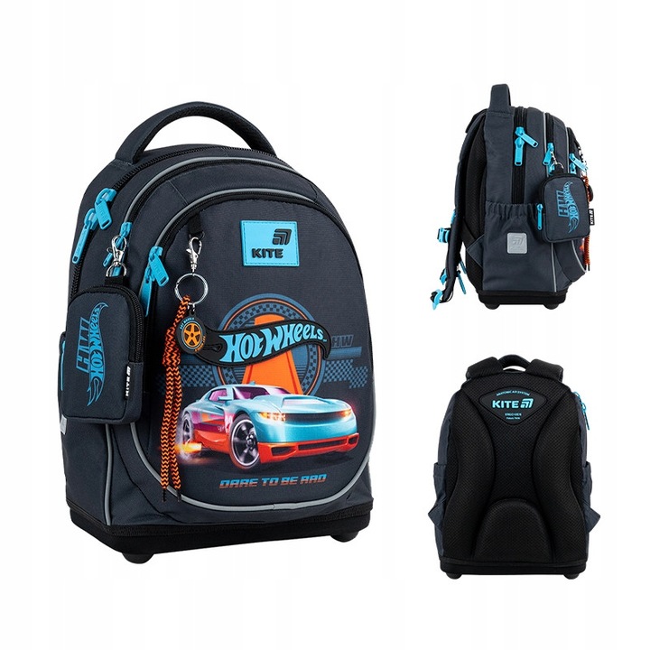 Ghiozdan scolar ortopedic pentru baieti, 6–8 ani, albastru, ergonomic cu breloc si design Hot Wheels, Kite