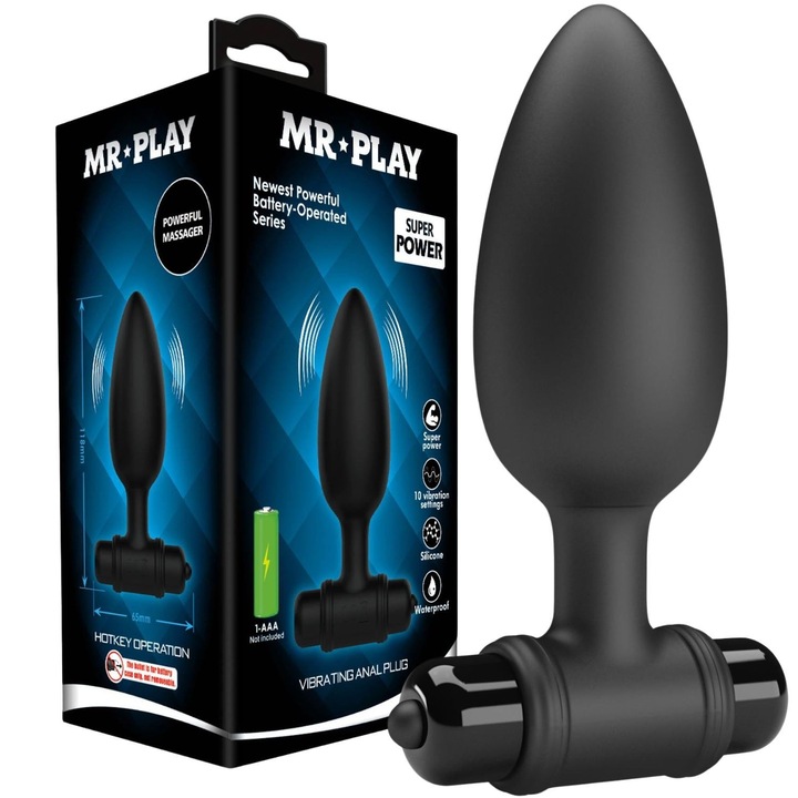 Dop anál vibrátor, Mr. Play, szilikon, 10 rezgési funkció, fekete, 11,8x3,8cm