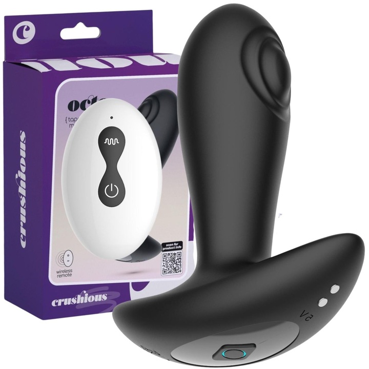 Anális dugó távirányítóval, CRUSHIOUS OCTO, 10 rezgésmód, fekete, 12x3,8cm