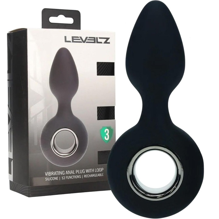 Szilikon análvibrátor hurokkal, Levelz, 13x3,6cm, fekete, vízálló, rezgő