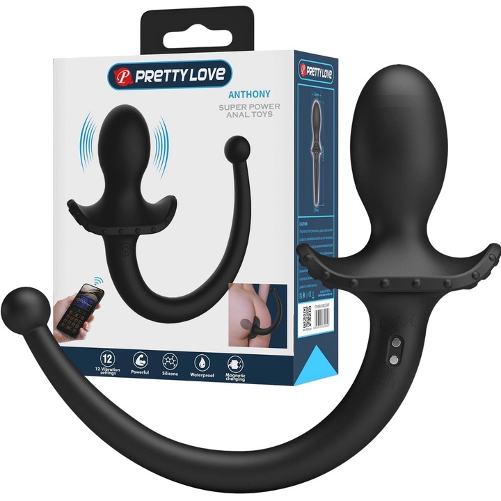 Plug anál vibrátor Pretty Love Anthony, 12 rezgésmód, fekete, 15x3,3cm, applikációval vezérelhető, USB