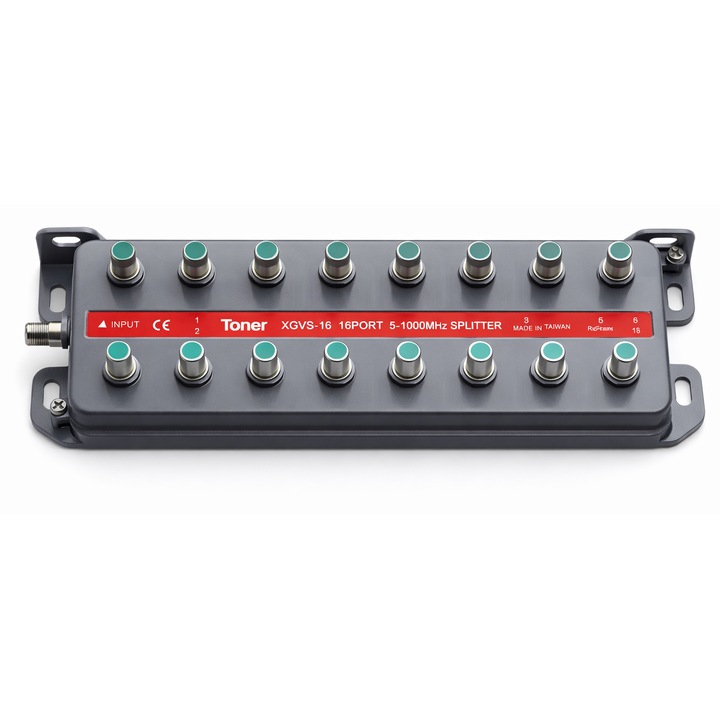 Splitter TV Cablu Profesional 16 Iesiri Toner XGVS-16, 5-1000 MHz, 75 Ohm, Atenuare 13-14 dB Pe Port, Carcasa Metalica, Montaj Retea CATV