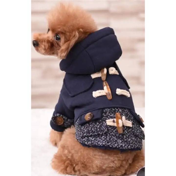 Haina pentru caini, stil dragalas cu gluga si nasturi decorativi Bleumarin, M